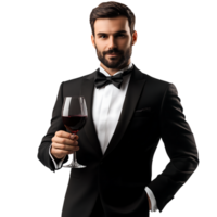 PNG Elegant Man in Tuxedo Holding a Glass of Red Wine Against Transparent Background for Sophisticated Branding, Wine Promotions, or Event Invitations