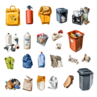 Collection of Various Types of Trash and Refuse Against Transparent Background for Recycling, Environmental Awareness, or Waste Management Projects png