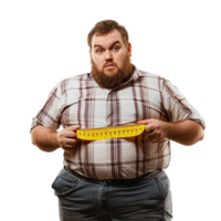 PNG Fat Man Holding Measuring Tape for Check Out Against Transparent Background for Health Branding, Fitness Campaigns, or Weight Management Advertising