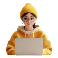 PNG 3D Render of a Woman Working on a Laptop Against Transparent Background for Remote Work, Productivity Themes, or Technology Illustrations