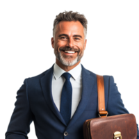 PNG Confident Businessman Smiling with Briefcase Against Transparent Background for Career Themes, Business Marketing, or Leadership Projects