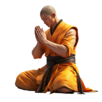 Shaolin monk praying in traditional attire on a transparent background png