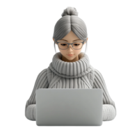 PNG 3D Render of a Woman Working on a Laptop Against Transparent Background for Remote Work, Productivity Themes, or Technology Illustrations