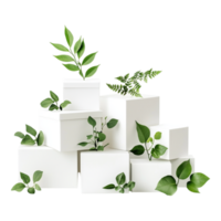 White boxes with green leaves arranged together creating a design png