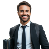 PNG Confident Businessman Smiling with Briefcase Against Transparent Background for Career Themes, Business Marketing, or Leadership Projects