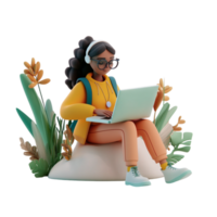 PNG 3D Render of a Woman Working on a Laptop Against Transparent Background for Remote Work, Productivity Themes, or Technology Illustrations