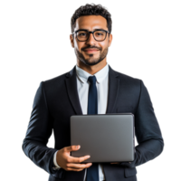 PNG Confident Businessman Holding Laptop Against Transparent Background for Corporate Branding, Business Presentations, or Professional Campaigns