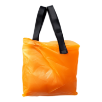Orange bag with a black strap attached, containing items, isolated against a transparent background png