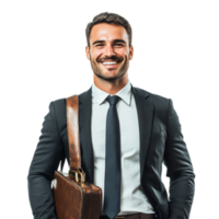 PNG Confident Businessman Smiling with Briefcase Against Transparent Background for Career Themes, Business Marketing, or Leadership Projects