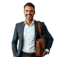 PNG Confident Businessman Smiling with Briefcase Against Transparent Background for Career Themes, Business Marketing, or Leadership Projects