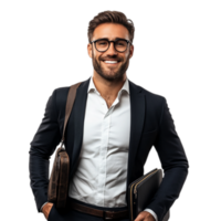 PNG Confident Businessman Smiling with Briefcase Against Transparent Background for Career Themes, Business Marketing, or Leadership Projects