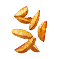 PNG Delicious Crispy Potato Wedges Falling Against Transparent Background for Snack Advertising, Dynamic Food Designs, or Culinary Promotions