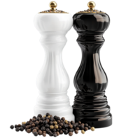 PNG Elegant Black and White Pepper Grinders with Peppercorns Against Transparent Background for Kitchenware Advertising, Culinary Branding, or Recipe Campaigns