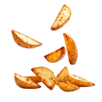 PNG Delicious Crispy Potato Wedges Falling Against Transparent Background for Snack Advertising, Dynamic Food Designs, or Culinary Promotions