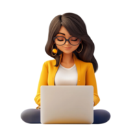 PNG 3D Render of a Woman Working on a Laptop Against Transparent Background for Remote Work, Productivity Themes, or Technology Illustrations