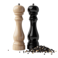 PNG Elegant Black and White Pepper Grinders with Peppercorns Against Transparent Background for Kitchenware Advertising, Culinary Branding, or Recipe Campaigns