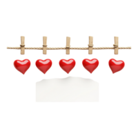 PNG Clothesline with Red Hearts and Blank Paper Against transparent Background for Valentine's Day Decorations, Romantic Notes, or Love-Themed Designs