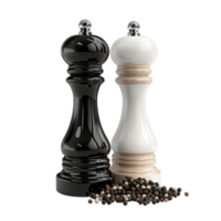 PNG Elegant Black and White Pepper Grinders with Peppercorns Against Transparent Background for Kitchenware Advertising, Culinary Branding, or Recipe Campaigns