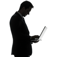 Silhouette of a Man in a Suit Using a Laptop, Shadow Isolated Against a Transparent Background png