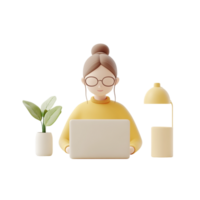 PNG 3D Render of a Woman Working on a Laptop Against Transparent Background for Remote Work, Productivity Themes, or Technology Illustrations