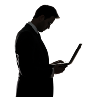 Silhouette of a Man in a Suit Using a Laptop, Shadow Isolated Against a Transparent Background png