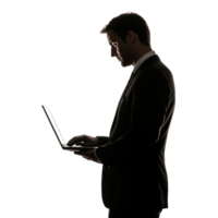 Silhouette of a Man in a Suit Using a Laptop, Shadow Isolated Against a Transparent Background png
