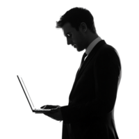 Silhouette of a Man in a Suit Using a Laptop, Shadow Isolated Against a Transparent Background png