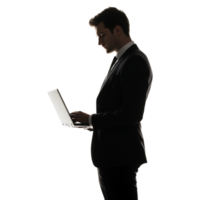 Silhouette of a Man in a Suit Using a Laptop, Shadow Isolated Against a Transparent Background png