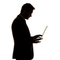 Silhouette of a Man in a Suit Using a Laptop, Shadow Isolated Against a Transparent Background png
