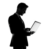 Silhouette of a Man in a Suit Using a Laptop, Shadow Isolated Against a Transparent Background png