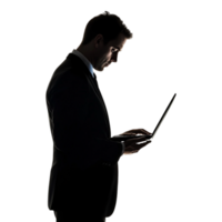 Silhouette of a Man in a Suit Using a Laptop, Shadow Isolated Against a Transparent Background png