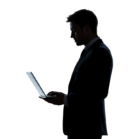 Silhouette of a Man in a Suit Using a Laptop, Shadow Isolated Against a Transparent Background png