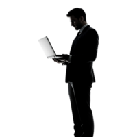 Silhouette of a Man in a Suit Using a Laptop, Shadow Isolated Against a Transparent Background png