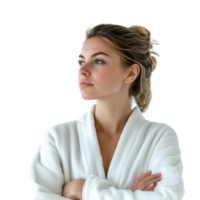 A woman in a robe quietly reflecting, lost in thought png
