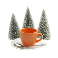 A small Christmas tree an orange cup, and a white saucer png