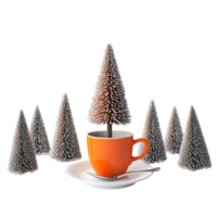 A small Christmas tree an orange cup, and a white saucer png