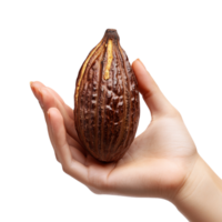 A woman hand gesturing with a cocoa pod against a transparent background png