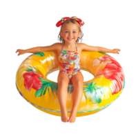 Happy little girl wearing summer clothes with an inflatable ring against a transparent background png