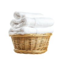 Basket of clean towels on a wooden table isolated against a transparent background png