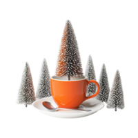 A small Christmas tree an orange cup, and a white saucer png