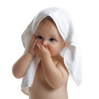 Baby wiping face with a towel, isolated against a transparent background png