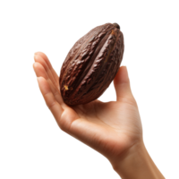 A woman hand gesturing with a cocoa pod against a transparent background png