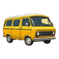 Hand drawn cartoon illustration of a vintage yellow minivan on a transparent background png