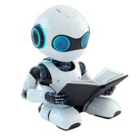 Cute AI Robot Chatbot Reading a Book on transparent background png