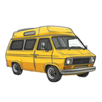 Hand drawn cartoon illustration of a vintage yellow minivan on a transparent background png