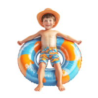 Happy little boy wearing summer clothes with an inflatable ring against a transparent background png