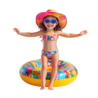 Happy little girl wearing summer clothes with an inflatable ring against a transparent background png