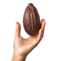 A woman hand gesturing with a cocoa pod against a transparent background png