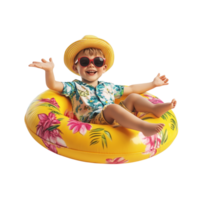 Happy little boy wearing summer clothes with an inflatable ring against a transparent background png