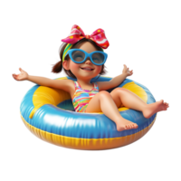 Happy little girl wearing summer clothes with an inflatable ring against a transparent background png